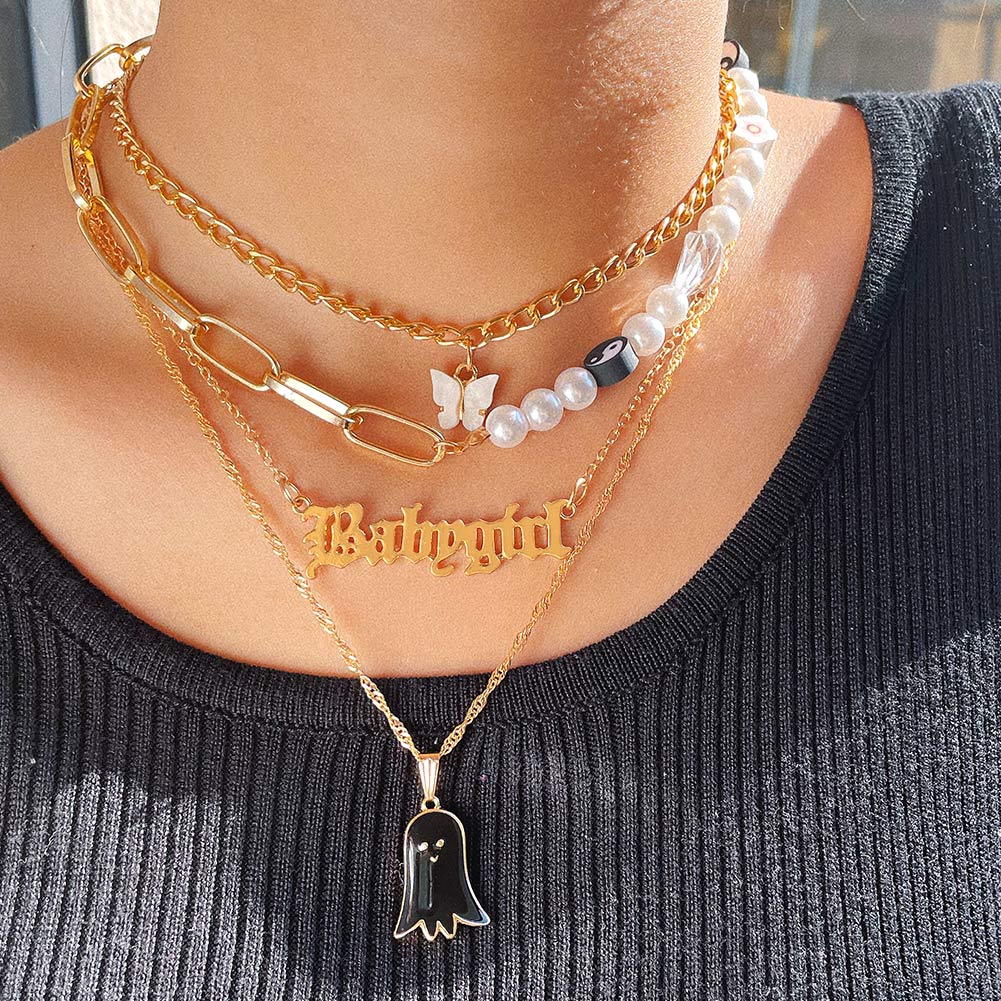 Trendy Animal Pearl Beaded Choker Necklace For Women Glazed Heart Flower Golden Multilayer Chain Necklace Summer Strand Jewelry