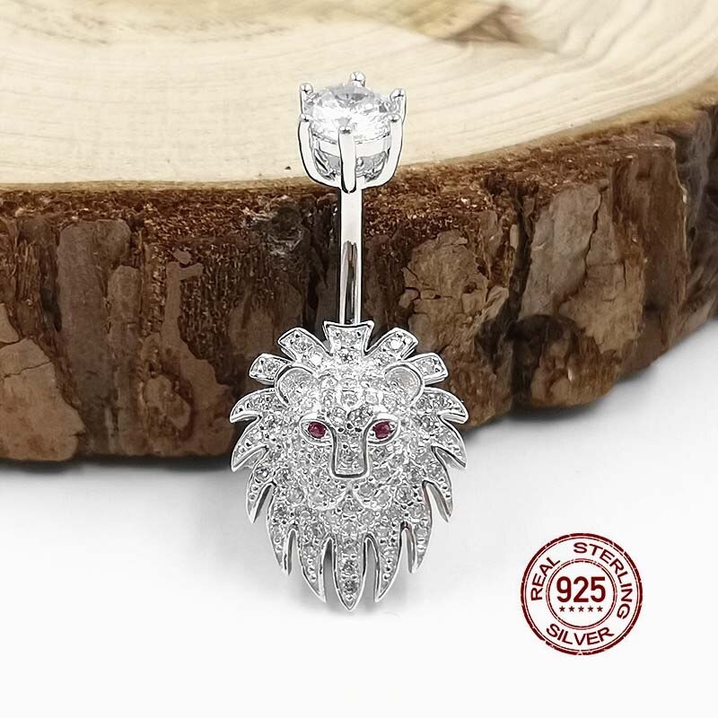 Hellolook bauchnabelpiercing mit löwe und zirkonia, 100% 925 stück, sterlingsilber, sexy körperschmuck