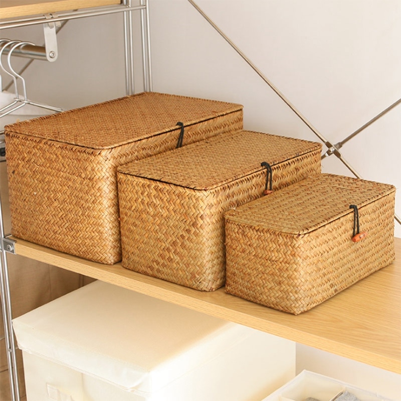 Gevlochten rieten opbergbakken, mandensets voor planken, set  of 3 verschillende maten, multifunctionele container met deksel
