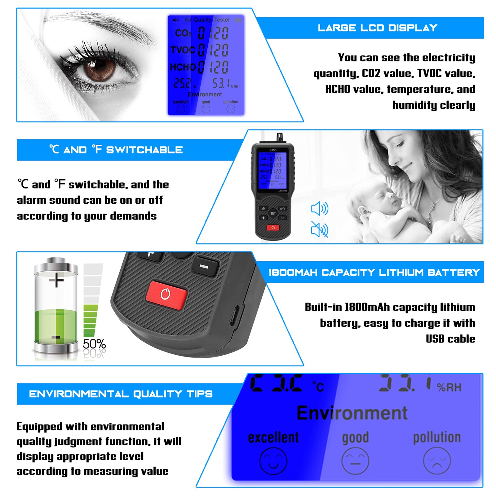 Multifunctionele Luchtkwaliteit Tester CO2 Meter Co2 Sensor Tvoc Meter Temperatuur Vochtigheid Meten Apparaat Air Analyzer