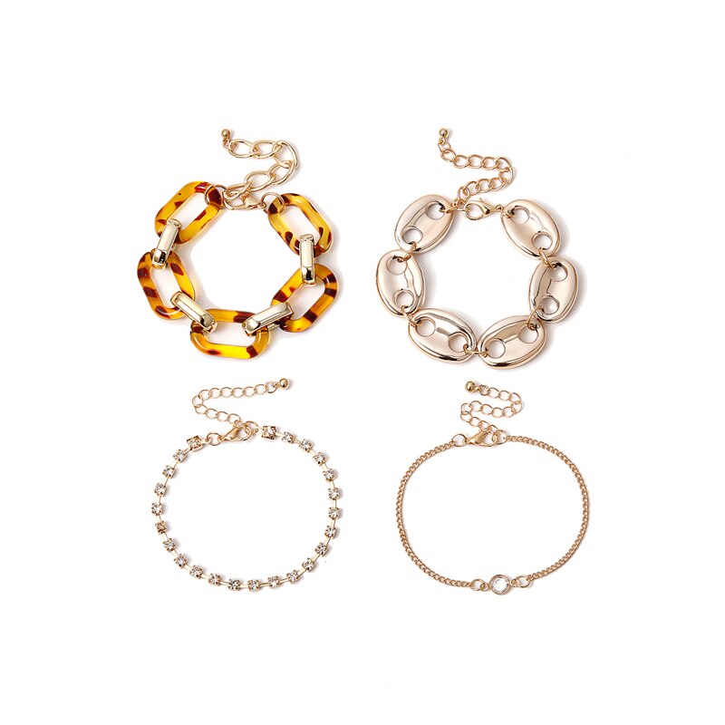 HUANZHI 2020 Nuovo 4 pz/impostato Zircon Acrilico Ovale in Metallo Scava Fuori Il Naso di Maiale a Forma di Braccialetto Alla Moda impostato per Le Donne Del Partito regalo dei monili