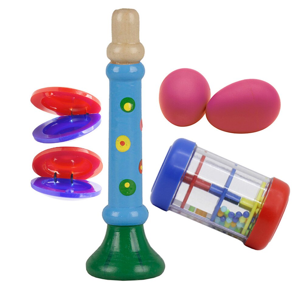 Musical Toys Percussion Instruments Band Rhythm Kit Including Wooden Horn + Rain Stick + Egg Shape Maracas + Castanets