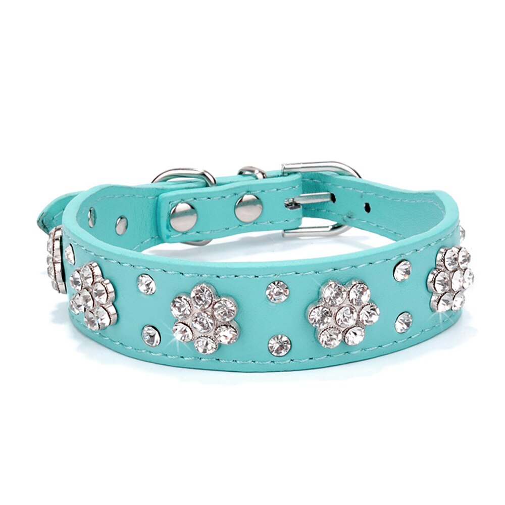 Bling Rhinestone Dog Collars Leather For Small Medium Dogs Adjustable Puppy Dog Chihuahua Collar Crystal Diamante Correa Perro: Blue / M