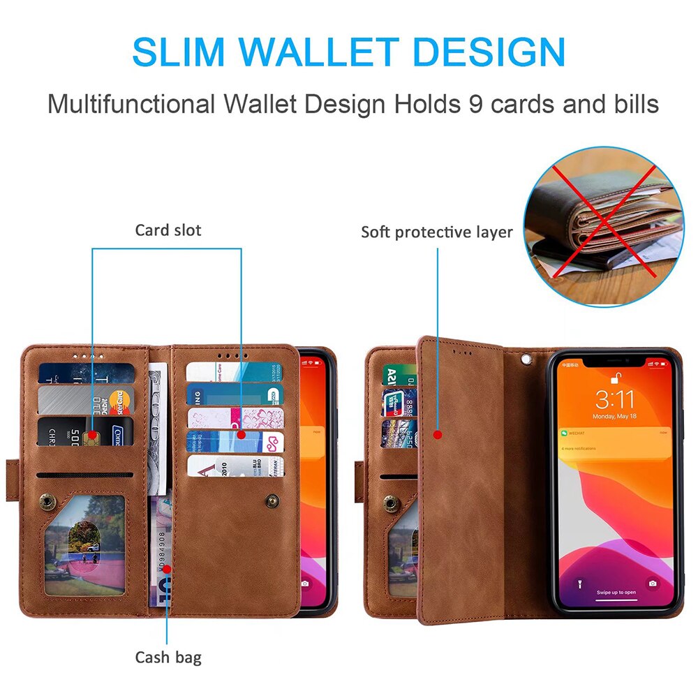 9 Kaarten Wallet Case Voor Xiaomi Poco X3 Nfc/X3 Pro Telefoon Geval Card Slot Rits Flip Folio Met polsband