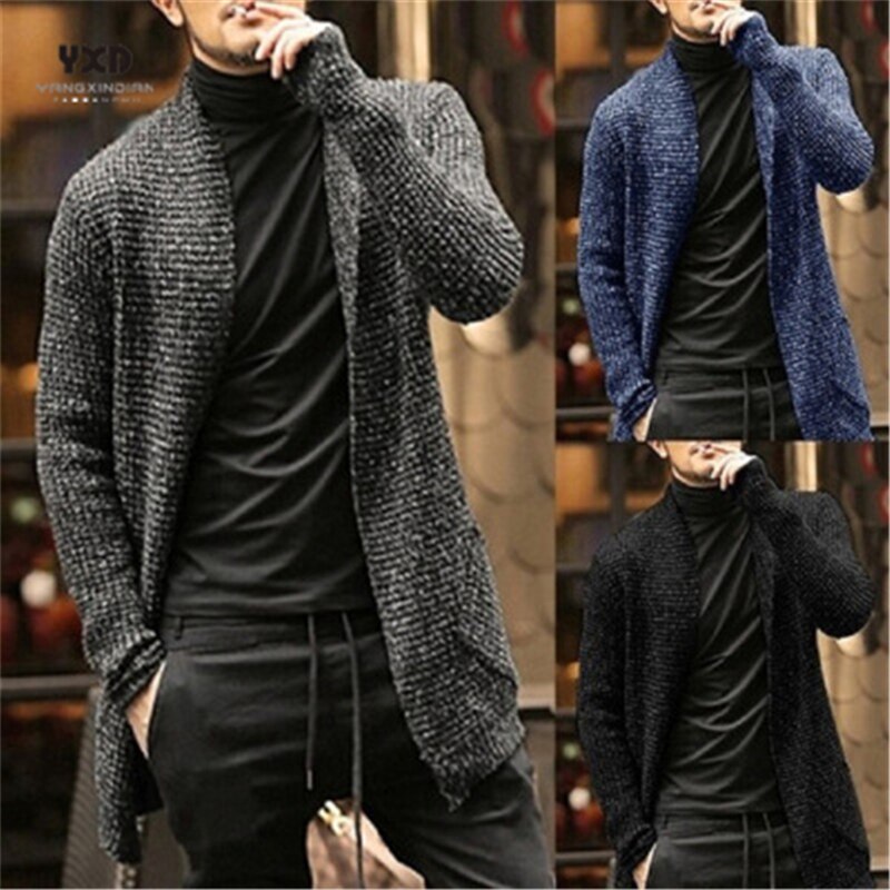 Vinter turn-down krave lang cardigan mænd afslappet solid varm langærmet sweater mænd slim fit homme rullekrave strik herre