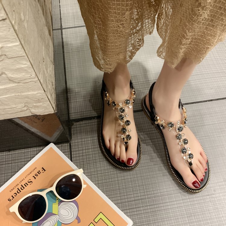 Sandalias de verano con cristales y pedrería para mujer, chanclas planas elásticas con tiras en la parte posterior y tiras para los dedos  r135: Negro / 4