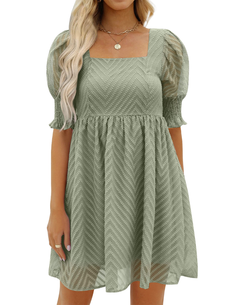 Damen-Sommerkleid 2023, lässig, fließend, Strand, quadratischer Ausschnitt, Laterne, kurze Ärmel, plissiert, A-Linien-Kleid, Krawatte, Minikleid
