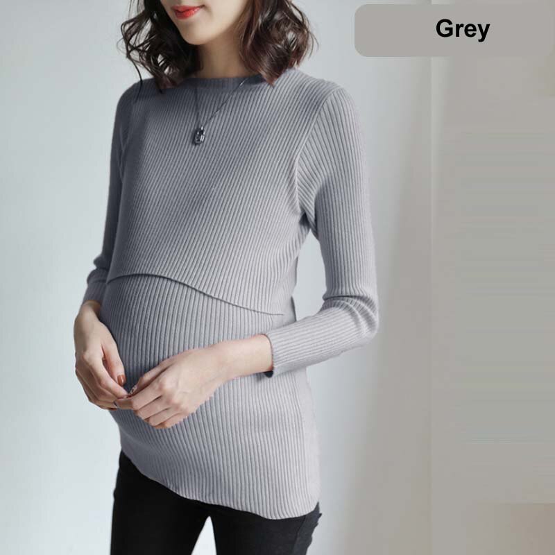 Zwangerschapskleding lange mouwen dames tops slanke voedingskleding herfst winter dames trui comfortabele zwangerschapsoutfit: Grijs