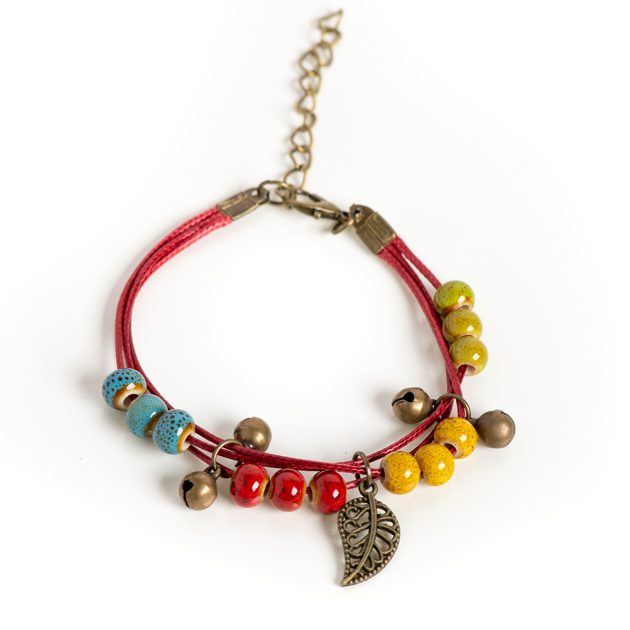 Pulsera de cuentas de cerámica vintage hecha a mano con colgante de hoja ajustable 16+5 cm