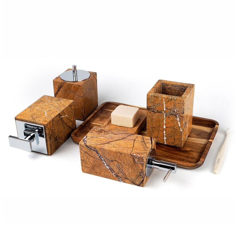 Fancy Brown Natural Marble Bathroom Accessories Sets Luxury Retro Soap Dispenser Toothbrush Holder Soap Dish Bathroom Kit