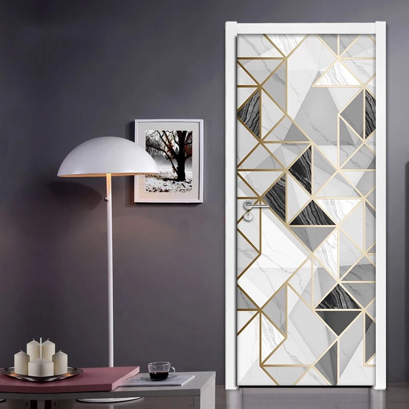 Modern Geometric Pattern Polygon Door Sticker 3D Abstract Wallpaper Room Art Door Poster Self-Adhesive Waterproof Poster
