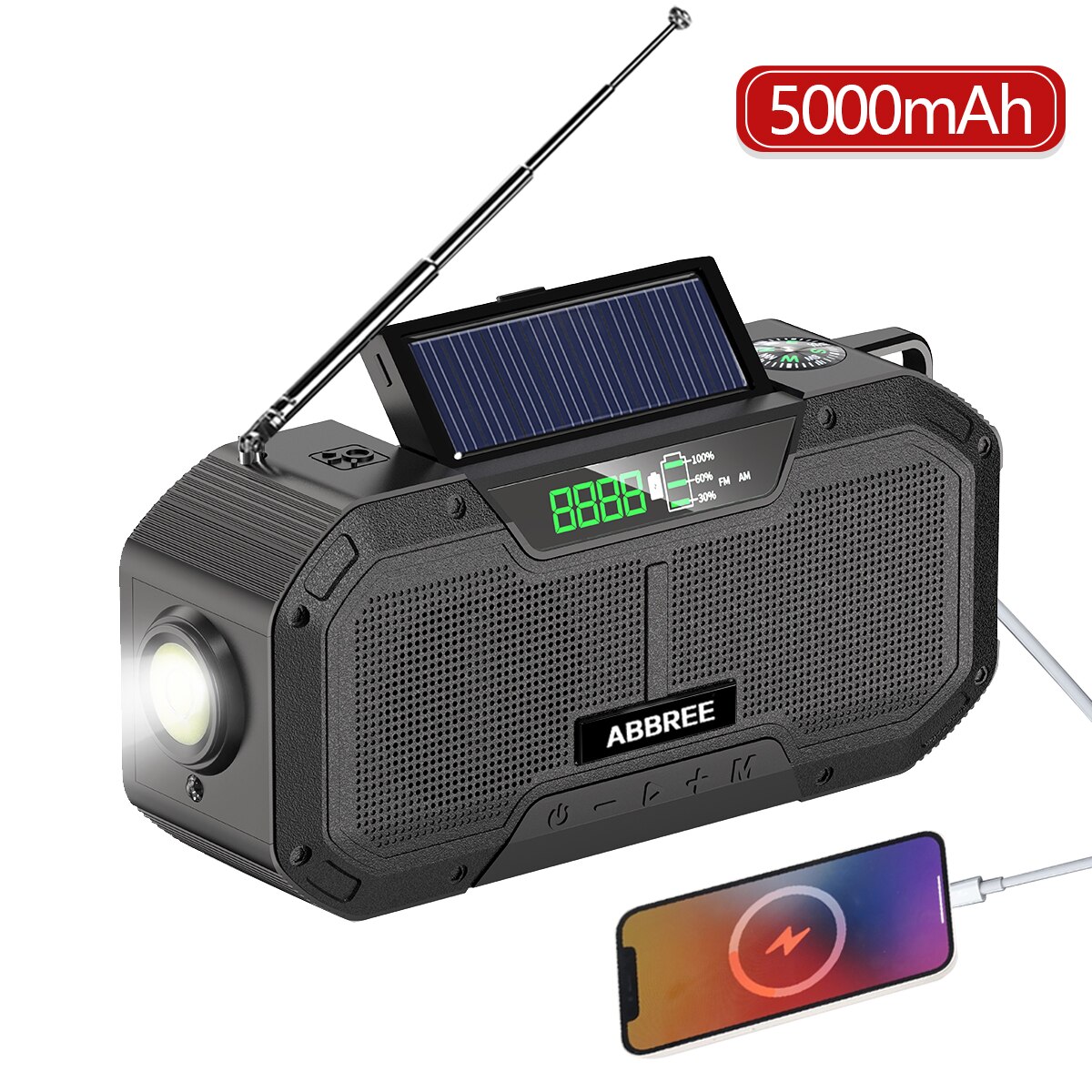 Emergency Radio 5000mAh Solar Hand Crank Portable AM/FM/NOAA SOS Radio with Flashlight&amp;Reading Lamp Cell Phone Charger