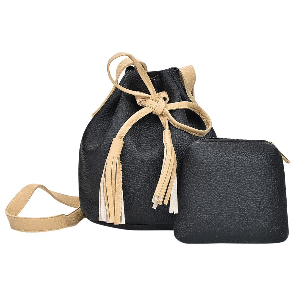 2 stks/set Mode Kwastje Handtas Vrouwen PU Leer Preppy Stijl Emmer Schoudertas String Crossbody Bag sac belangrijkste femme # H15: Black