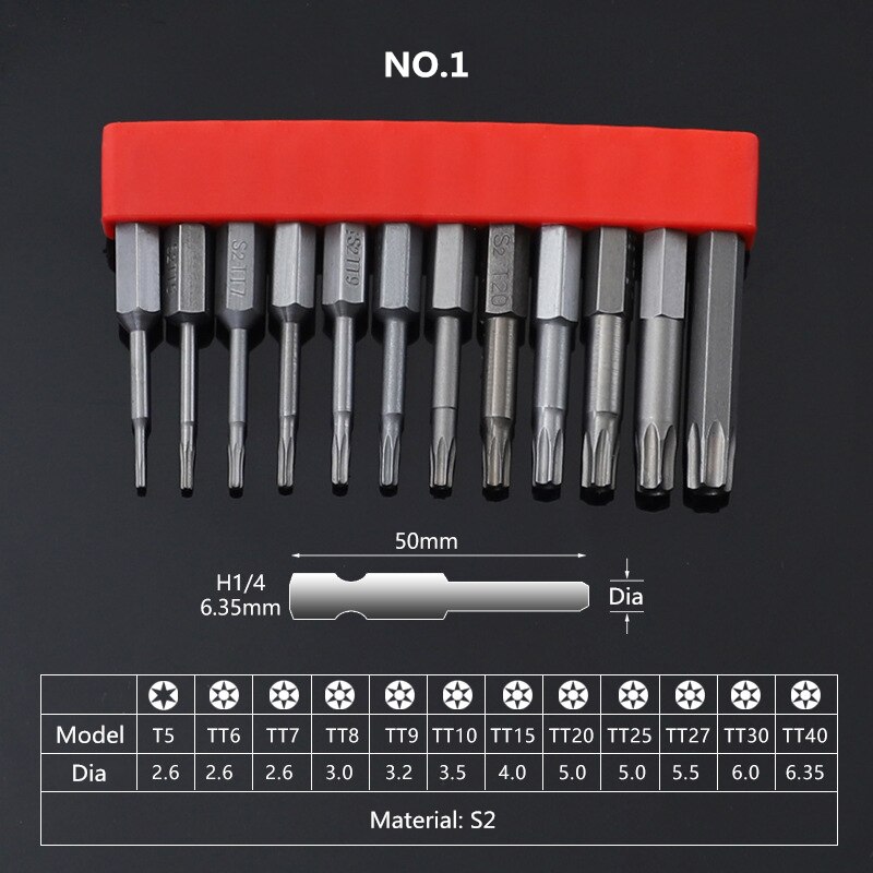 12pcs Set Security Tamper Proof Magnetic Screwdriver Drill Bit Screwdriver Bits Hex Torx Flat Head 1/4 "50mm 75mm 100mm: 01