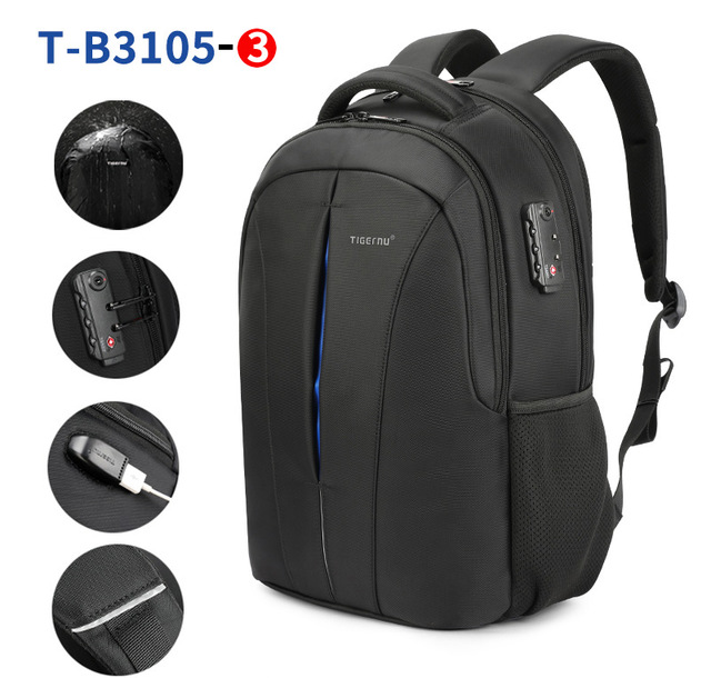 Tigernu-Mochila para portátil a prueba de agua para hombre, morral con capacidad de ordenadores de 15.6 pulgadas, sin llave, TSA, mochila antirrobo y para viajes, adecuada para adolescentes: Black Blue TSA