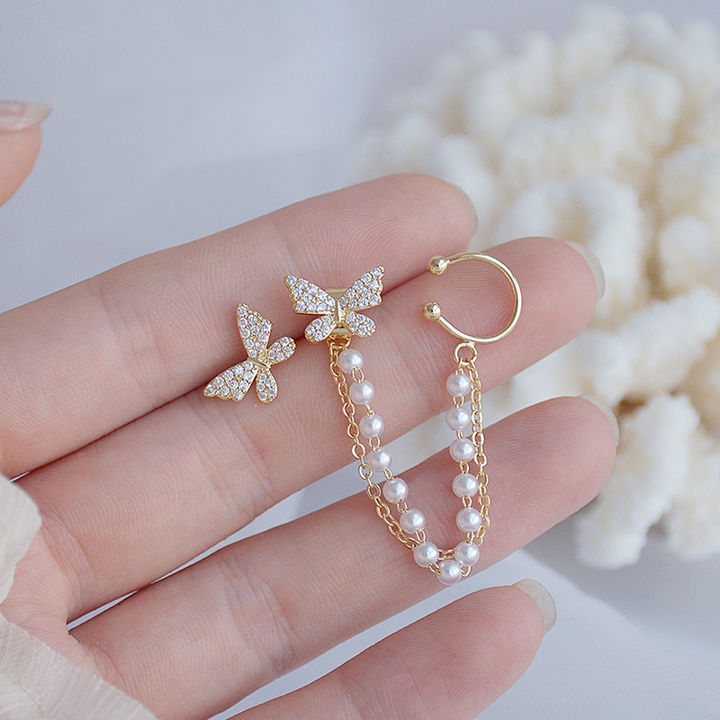 Tempérament coréen perle papillon oreille os Clip boucles d'oreilles 14k véritable or Bling Delite Zircon boucle d'oreille de mariage bijoux de mariée