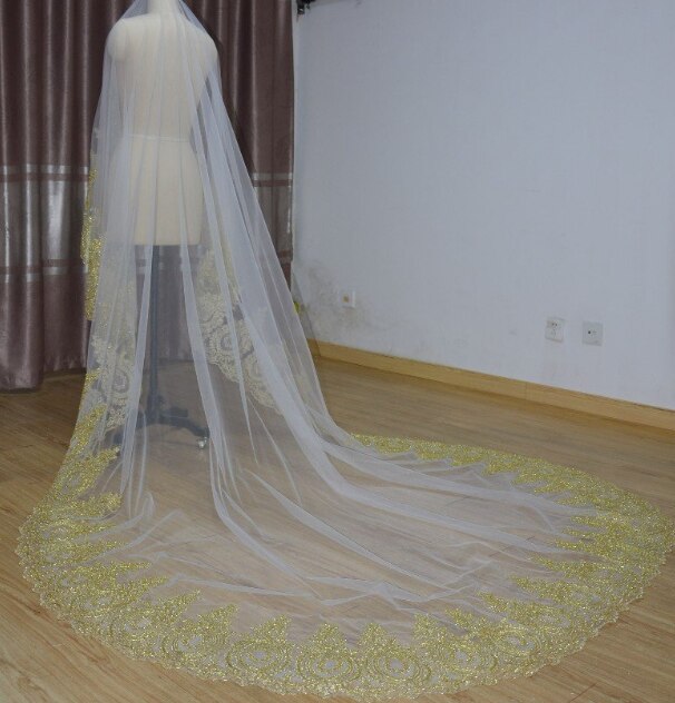 1 laag witte tule kathedraal sluier bruidssluier gouden kanten rand sluier bruiloft accessoires