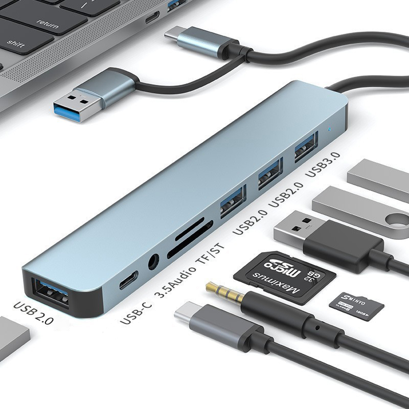 8 in 2 Ports Type C Hub 3.0 USB C Concentrator Docking USB 3.0/2.0 Multi Adapter SD TF Card Reader 3.5 Audio Extender Splitter