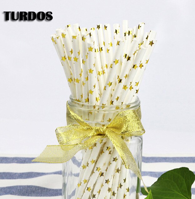 Turdos Biologisch Afbreekbaar Goud Papier Rietjes Bulk, 25-Pack/100-Pack Wegwerp Rietjes Voor Verjaardag/Bruiloft/Baby Shower/Feestartikelen: with stars / 25pcs-pack