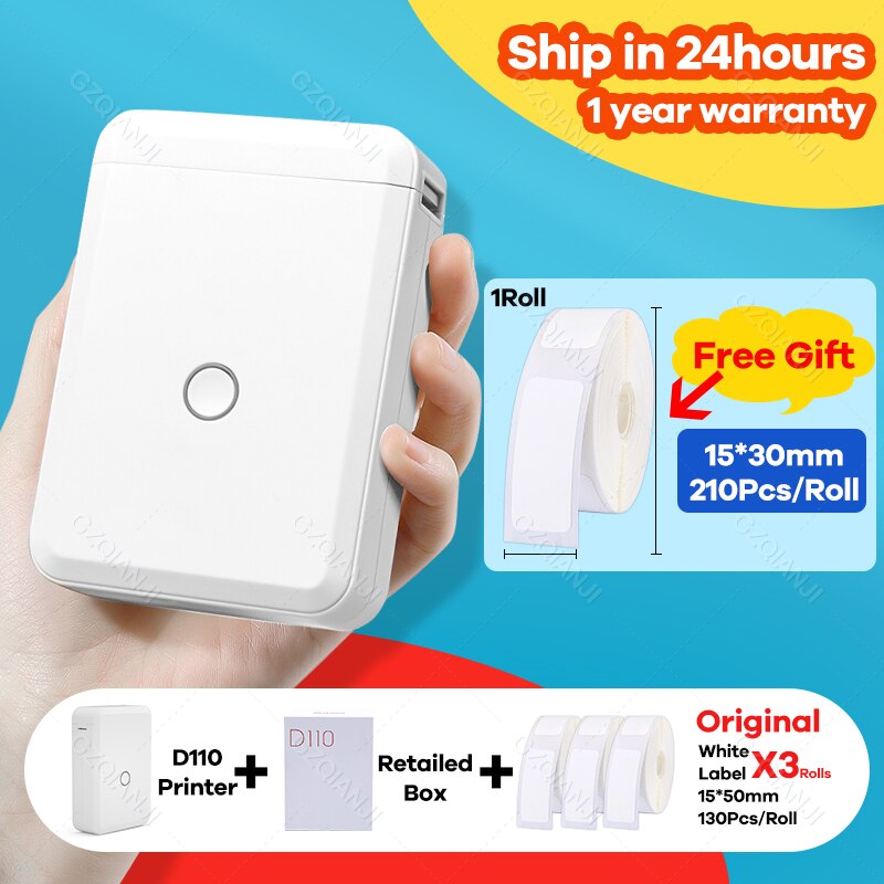 Niimbot D110 Wireless Bluetooth Thermal Label Printer Portable Pocket Label Maker for Android iPhone Home Office Sticker Printer: D110 add 4White B