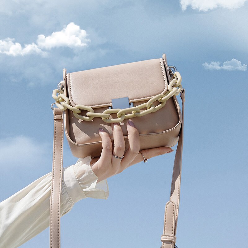 Ensfarget firkantet crossbody veske pu lær dameveske kjede tote skulder messenger bag: Khaki