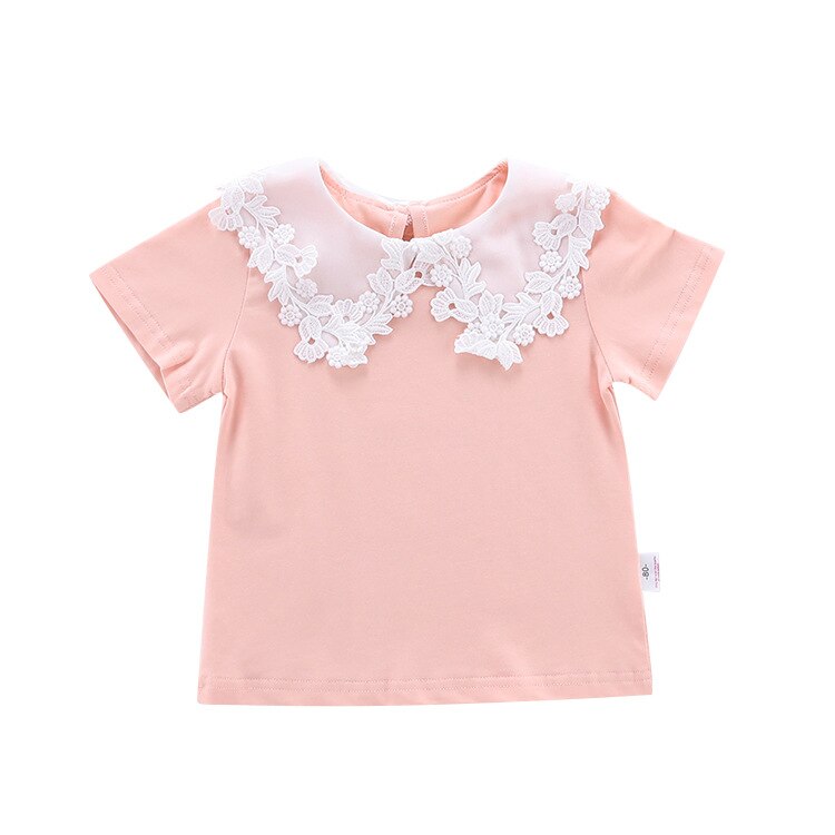 Kinderkleding Zomer Meisjes Kleine Verse Kant Pop Kraag Korte Mouwen T-shirt Baby Casual Wilde Effen Kleur top