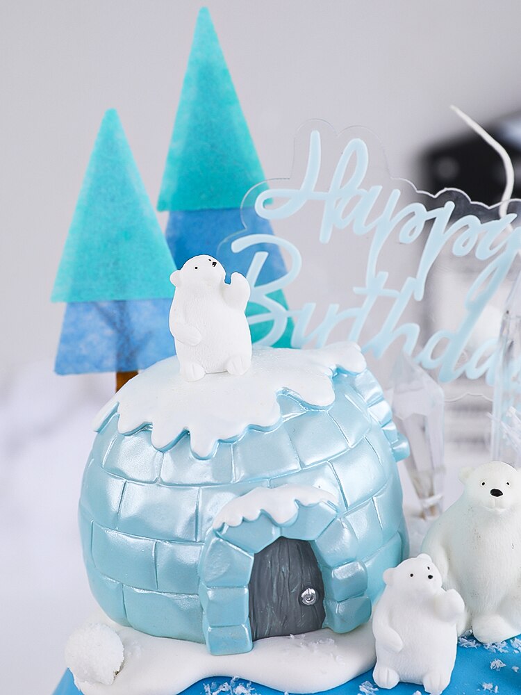 Polar Bear Theme Cake Topper for Home Happy Birthday Merry Ice and Snow Party Ornaments Dessert Baking Decorations Supplies