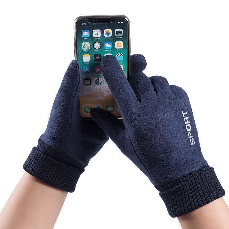 Winter Men's Suede Gloves Windproof and Warm Plus Fleece Thickening Riding and Driving Motorcycle Cold-Proof Touch Screen Gloves