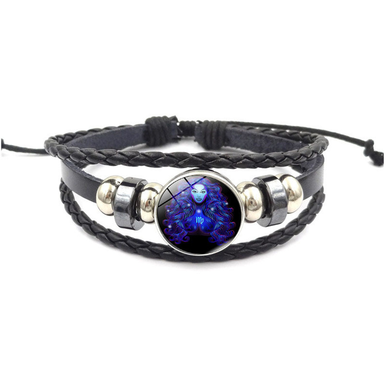 Horóscopo astrología 12 Zodiaco tejido luminoso cuero de vaca cielo estrellado pulsera hombres mujeres Acero inoxidable pulsera joyería: virgo