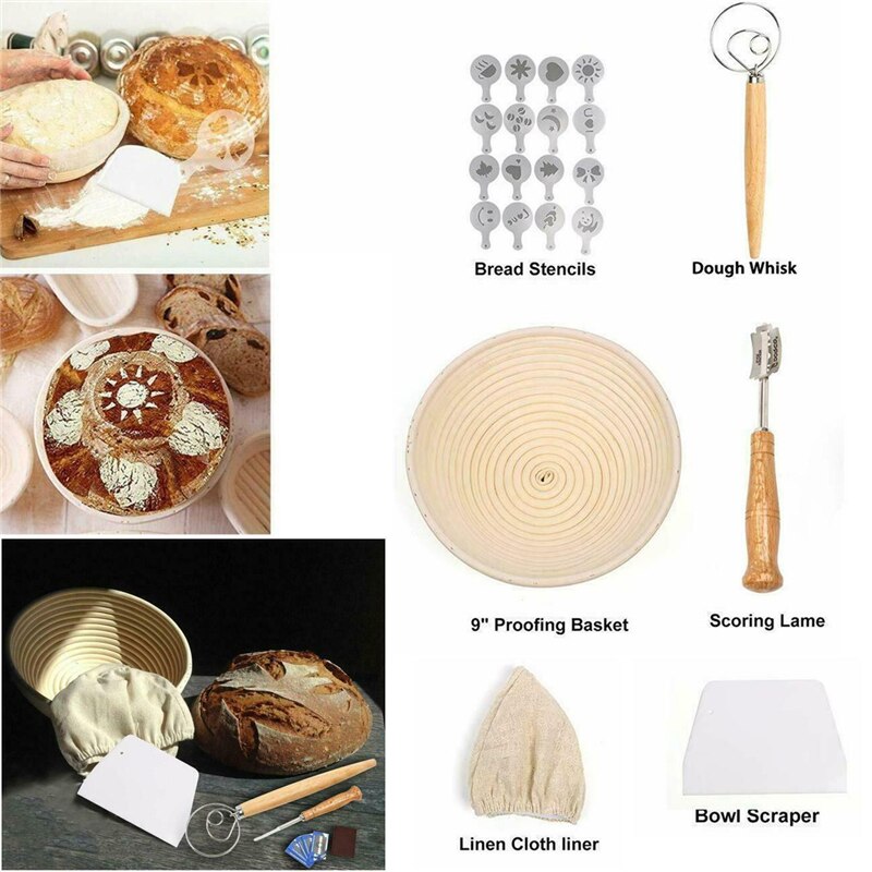 Brød bagning værktøjssæt 9 tommer banneton håndlavet brød gæring kurv korrektur kurv diy sæt mel gæring værktøjer: Komplet sæt