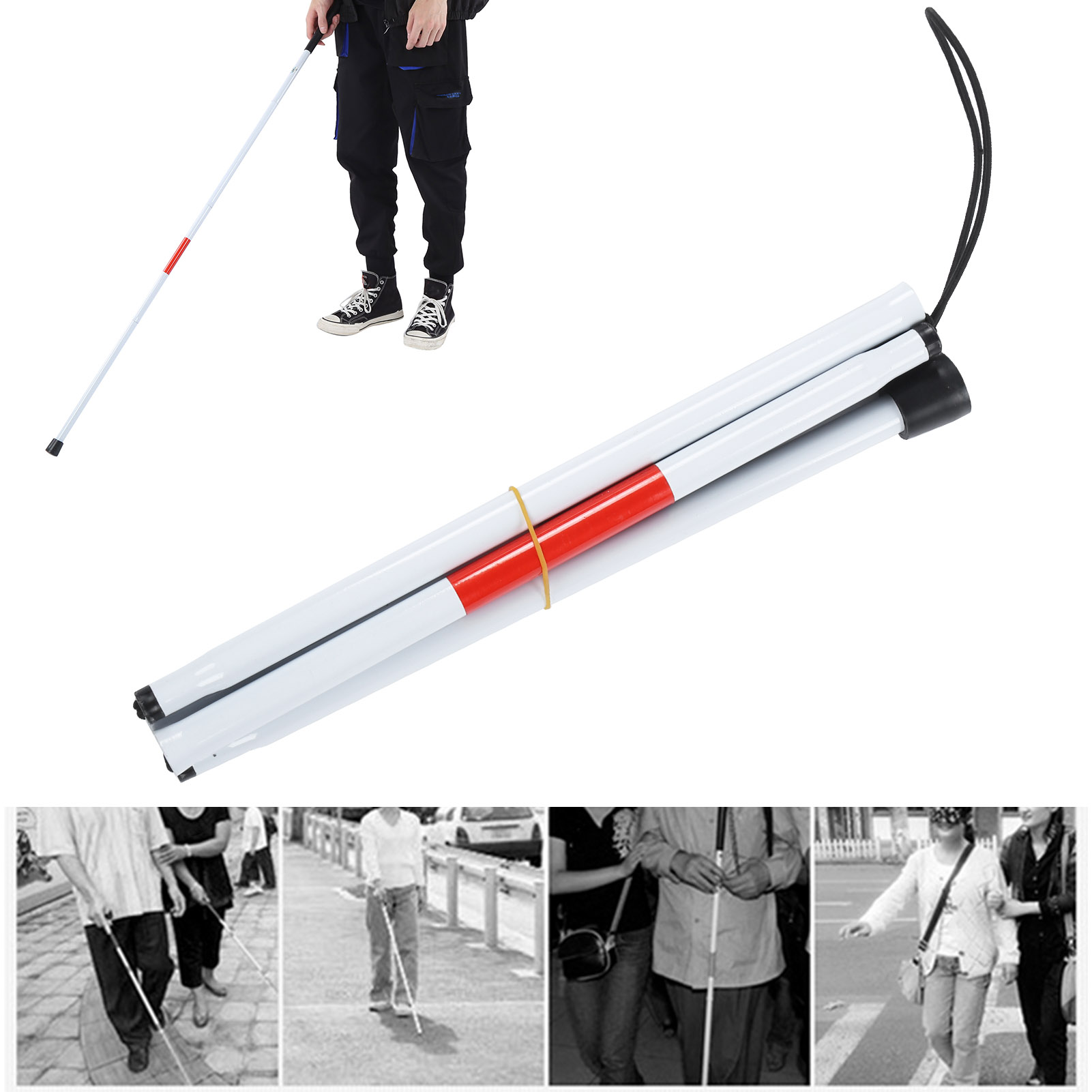 Blind Cane Stick for Visual Impaired Foldable Cane Collapsible Reflective White and Red Walking Stick for Blind Visual Impaired