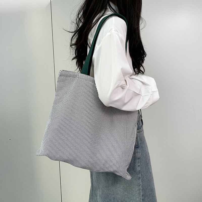 Stripe Contrast Color Women's Canvas Shoulder Bag Large Capacity CollegeBook Tote Zipper Handbags Simple Commuter Shopping Bag: Beige