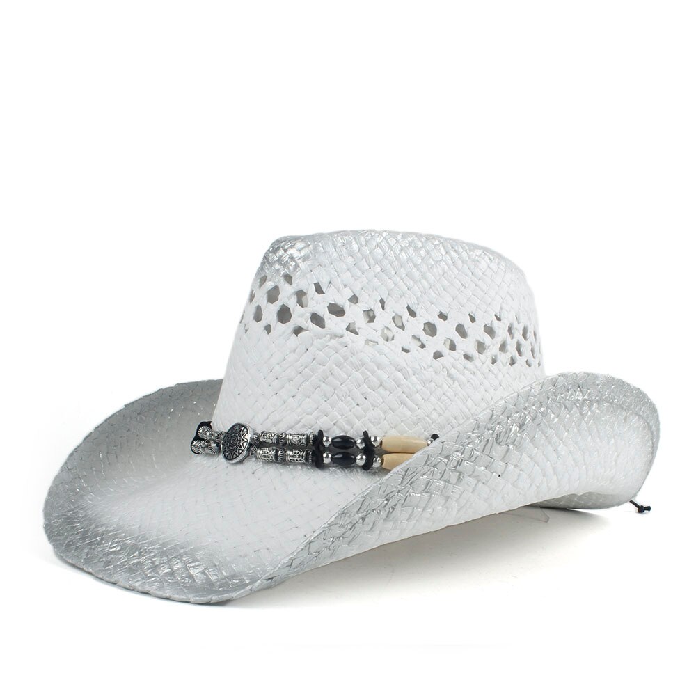 Sombrero de paja estilo vaquero para Hombre y mujer, Sombrero de paja estilo vaquero occidental, estilo Retro, tejido hecho a mano, disponible en talla 56-58CM,: Silver
