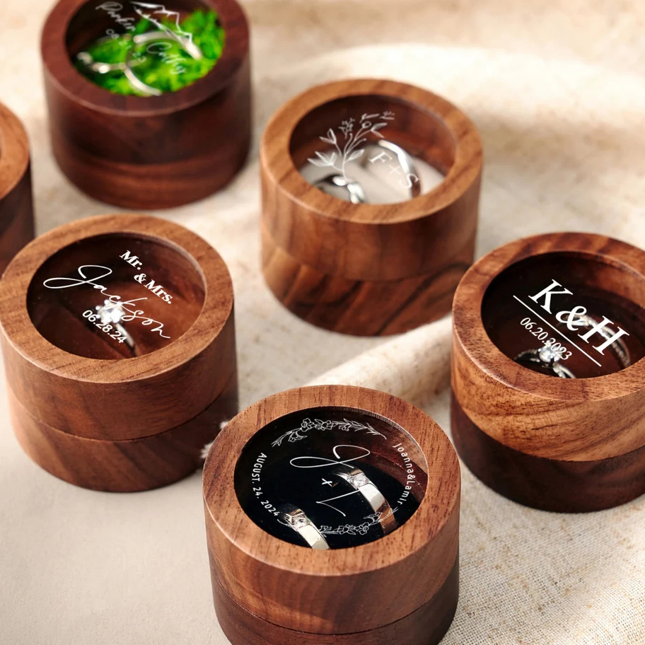 Caja de anillo de madera con logotipo personalizado gratuito, grabado en madera, propuesta de boda, compromiso, madera redonda, caja de anillo con nombre y fecha personalizados gratis