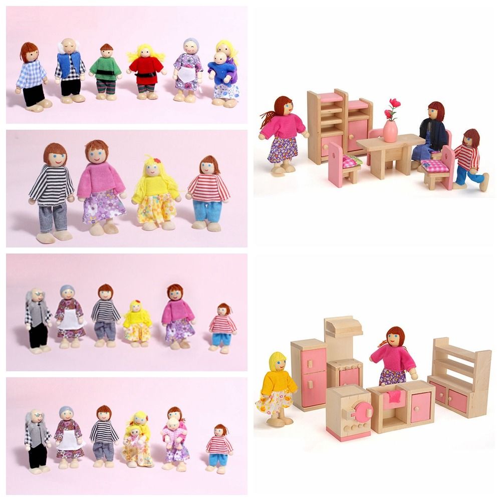 Famille de poupées en bois articulées pour jeu de rôle, ensemble de figurines multicolores, pour maison de poupée en bois