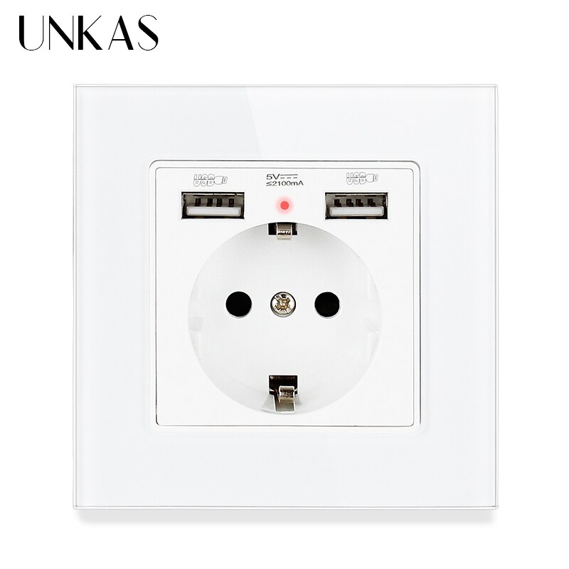 UNKAS Russia Spain EU Standard 16A Wall Socket Dual USB Charge Port Tempered Crystal Glass Panel Black White Grey Outlet: 86 EU 2USB White