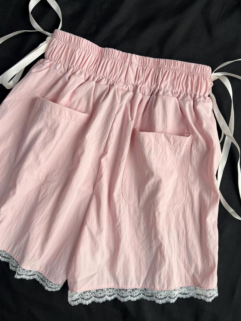 Højtaljede shorts i japansk stil med blonder, ruched patchwork,  y2k vide ben til kvinder, bandage, sløjfe, sommer, knælange, hotsweet, korte bukser