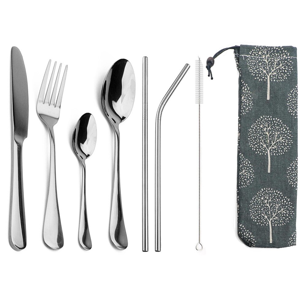 8 unids/set portátil vajilla de acero inoxidable 304 Set de Cubiertos con bolsa pajitas vajilla bolsa de viaje para Picnic: Silver E
