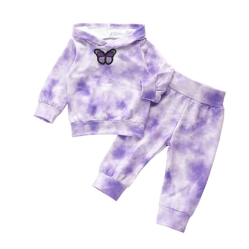 Ensemble 2 pièces pour bébés filles, vêtements à la pour l'automne, broderie papillon avec teinture à manches longues, sweat-shirt + pantalon pour bébés: VIOLET / 12M
