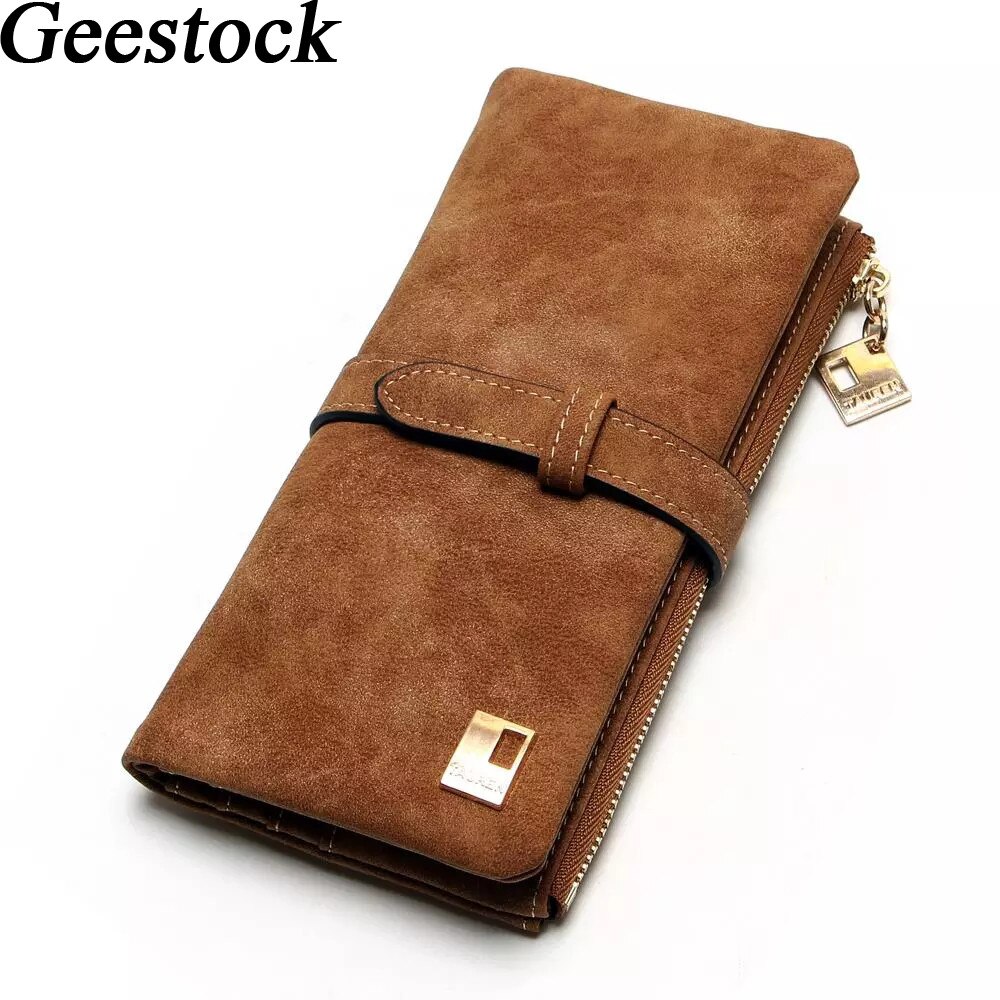 Geestock Frauen Geldbörsen Lange Geldbörse Zwei Falten Frauen Brieftaschen Kordelzug Nubuk Leder Zipper Wildleder frauen Lange Purs: Brown