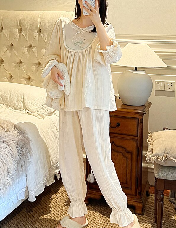 1 Set Women‘s Sleepwear Spring Green Color Pajama Sets Vintage Ladies Girl&#39;s Princess French Style Pyjamas Set Nightwear Nightie: Beige / M