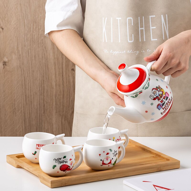 Weihnachten Serie Tee-einstellen Keramik Teekanne Wasser Tasse einstellen mit Tablett Santa Claus Tee-einstellen Tee Tasse einstellen Wohnzimmer haushalt Getränk