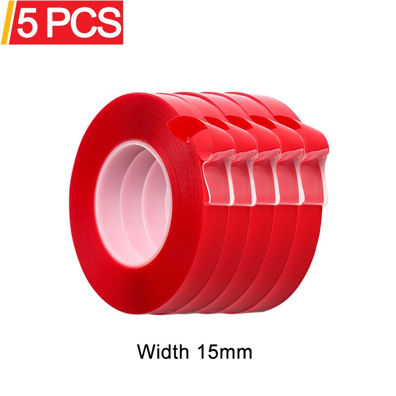 Luduo 5 stk 3m rød dobbeltsidet selvklæbende tape bil klistermærker akryl gennemsigtig ingen spor interiør super fast 8/10/15/20mm: Bredde 15mm