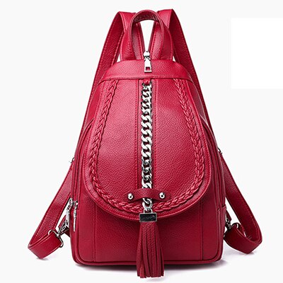 Weibliche Rucksack Leder Frauen Tasche Schule Mädchen Rot Bagpack Quaste Multifunktions Tasche Wasserdicht: 8293-Red