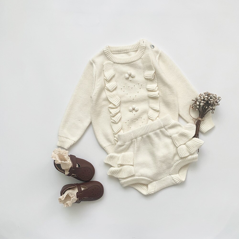 Baby flickor tröja stickad nyfödd baby kläder set volanger spädbarn jumpsuit småbarnströja med byxa för flicka pojke kläder set