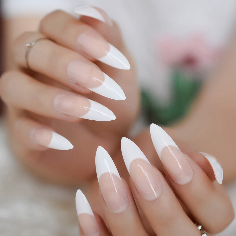 Lång glänsande fransk nagel naturlig naken helskydd plast konstgjorda naglar diy nageltips manikyr ballerina naglar: L5031