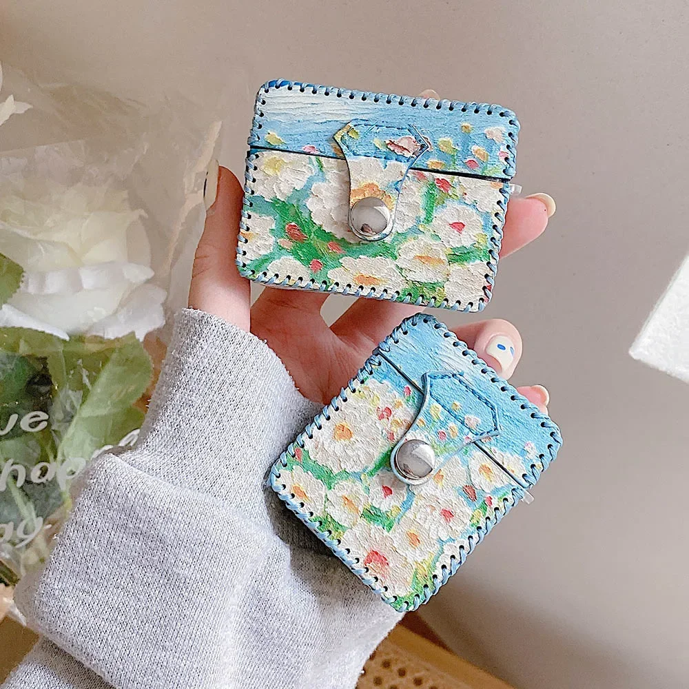 Étui Airpods 4 2 1 3 pour écouteurs, peinture à l'huile de fleurs, housse en cuir Vintage pour AirPod Pro, boîte de Protection