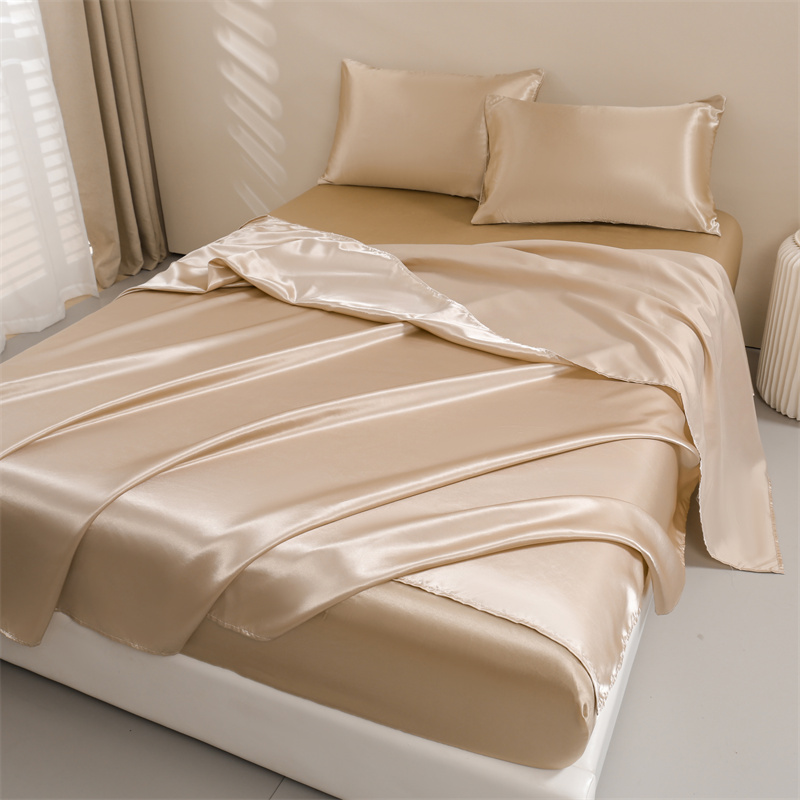 Satin Bed Sheets, Queen Size Sheets Set, 4 Pcs Silky Bedding Set 1 Deep Pocket Fitted Sheet + 1 Flat Sheet + 2 Pillowcases: Twin / Champagne