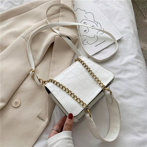 Krokodillemønster pu lær crossbody vesker for kvinner kjede kvinnelige skulder vesker mini vesker reise cross body bag: Hvit