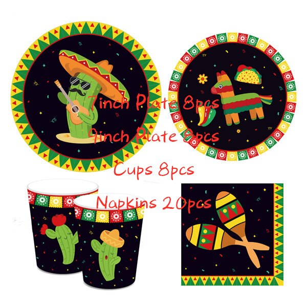 Mexican Theme Disposable Tableware Set Paper Plate/Cups/Napkins Mexican Party Decorations Supplies: No.5
